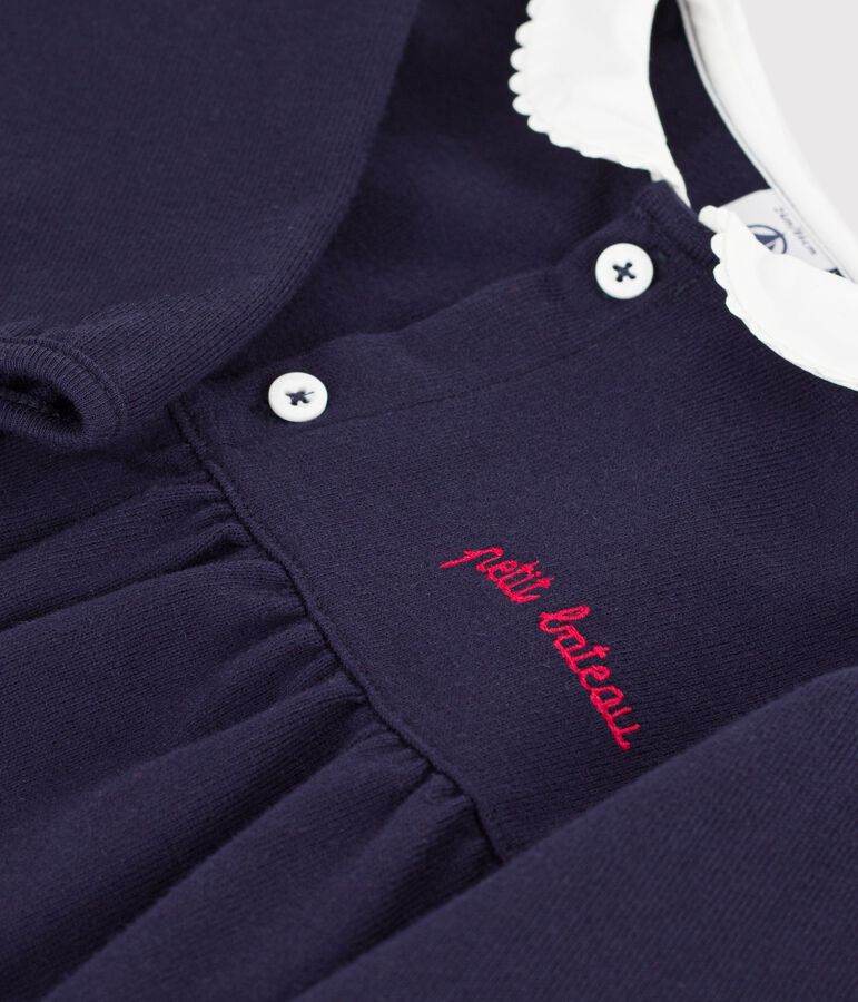 Robe b&eacute;b&eacute; en coton manches longues unie &agrave; col et d&eacute;tails brod&eacute;s bleu