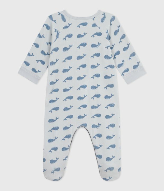 Fluwelen babypyjama met rits en walvisjesprint blauw/blauw