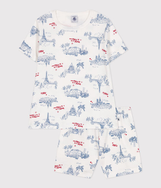 Korte katoenen kinderpyjama met Parijs-print wit MARSHMALLOW/wit MULTICO