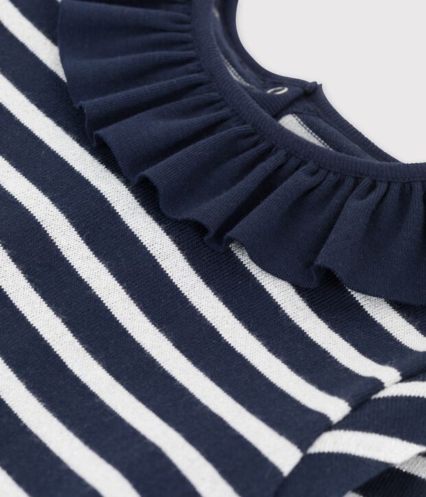 Robe manches longues en coton enfant fille bleu/blanc/gris