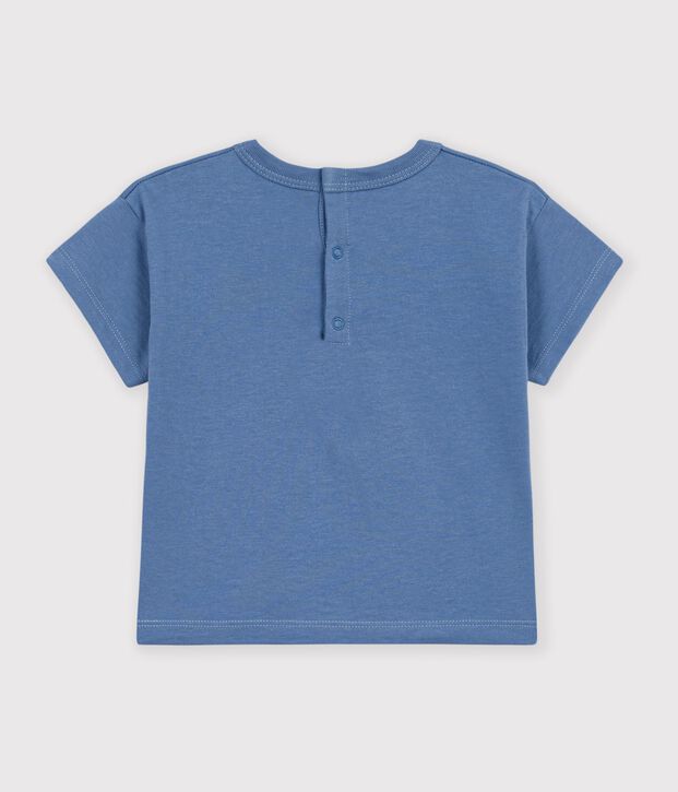 Katoenen effen T-shirt met korte mouwen en motiefje voor baby's blauw