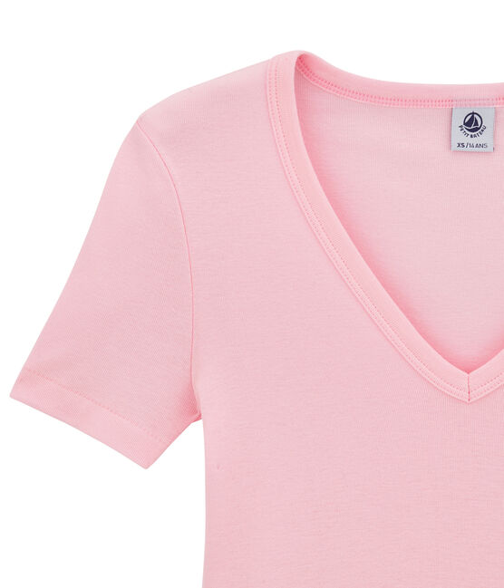 T-shirt femme col V en côte originale rose BABYLONE