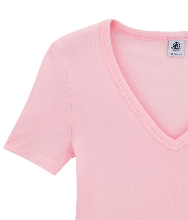T-shirt femme col V en c&ocirc;te originale rose
