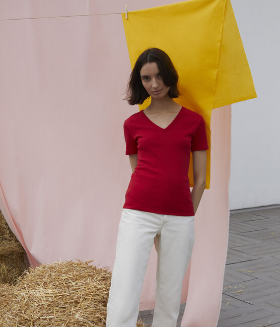 Tee-shirt L'ICONIQUE col V en coton Femme rouge PEPS