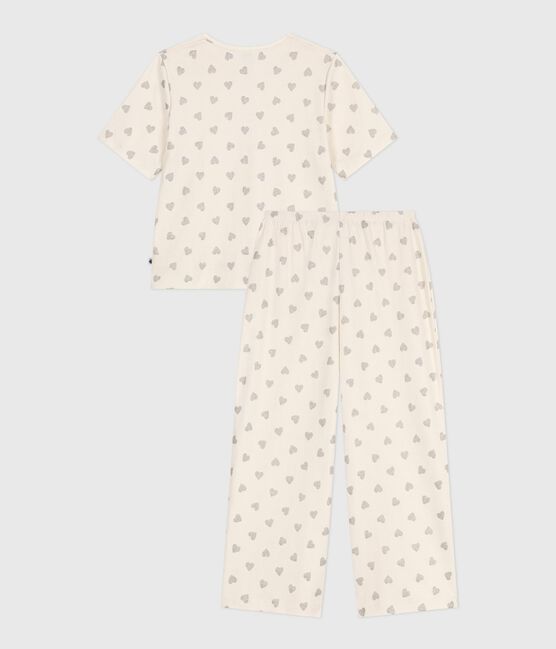 Pyjama femme en coton manches courtes jambes larges imprimé cœurs écru MILK/ ARGENT