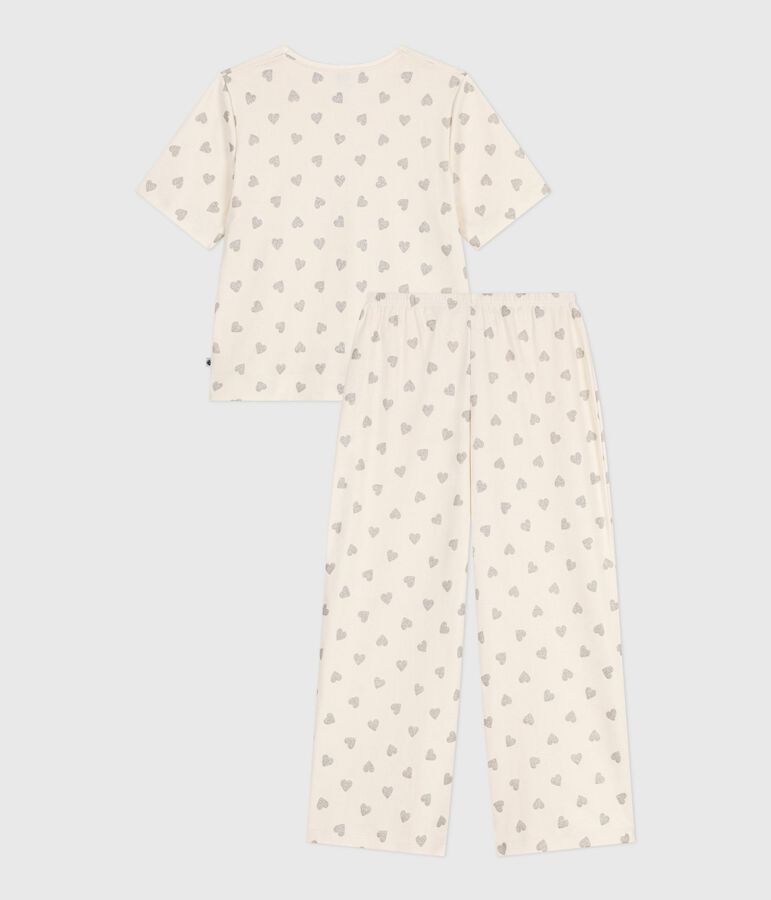 Pyjama femme en coton manches courtes jambes larges imprim&eacute; c&oelig;urs &eacute;cru/gris