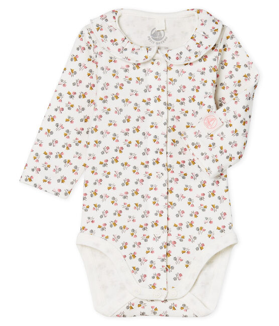 Body naissance manches longues bébé fille en côte blanc MARSHMALLOW/rose CHARME/ MULTICO