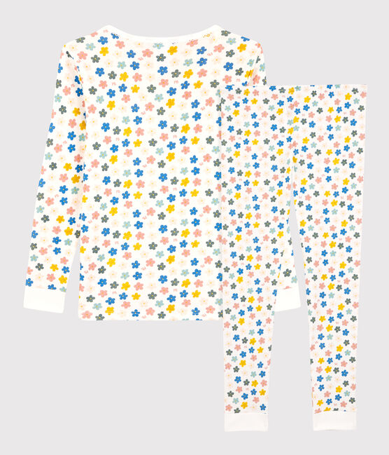 Pyjama snugfit fleurs rétro phosphorescent petite fille en coton blanc MARSHMALLOW/blanc MULTICO