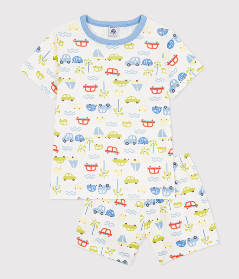 Katoenen korte kinderpyjama met autootjesprint wit MARSHMALLOW/wit MULTICO