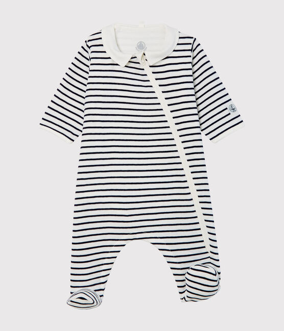 Bodyjama met rits baby van gebreide stof wit MARSHMALLOW/blauw SMOKING