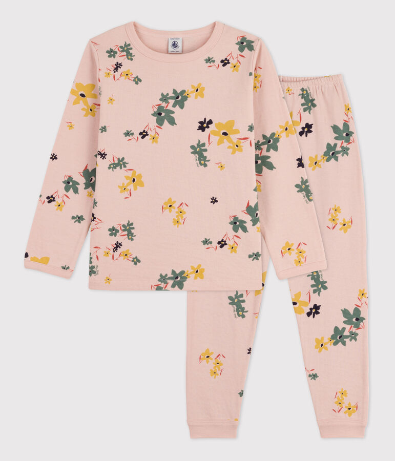 Pyjama fleur petite fille en tubique rose SALINE/blanc MULTICO