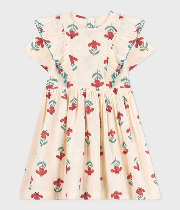 Robe fleurie en gaze de coton enfant fille &eacute;cru/multicouleur