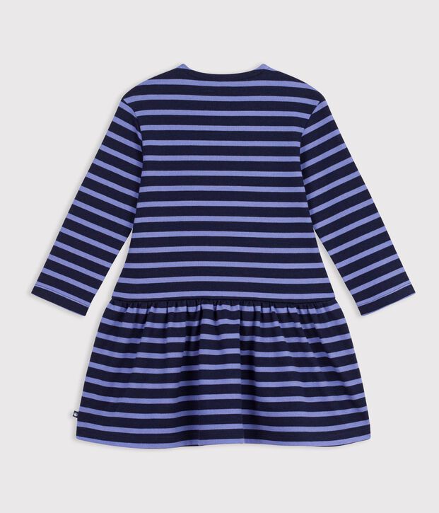 Robe enfant en coton manches longues &agrave; rayures bleu/violet