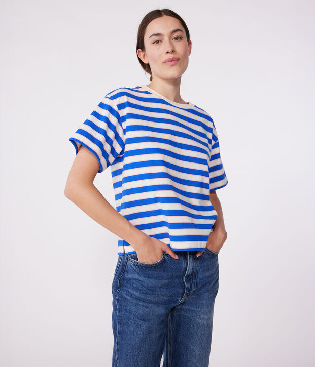 Gestreept katoenen T-shirt voor dames Le Boxy ecru/multicouleur
