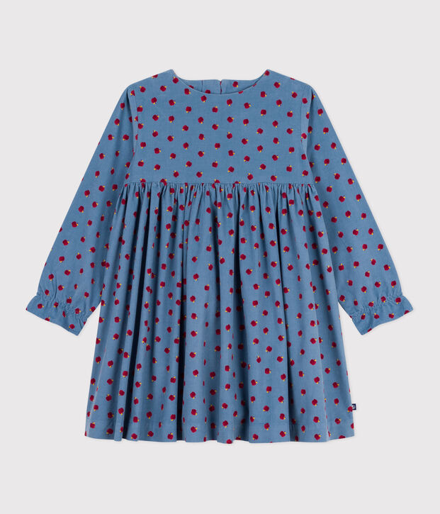 Robe enfant manches longues en velours imprim&eacute; bleu/multicouleur