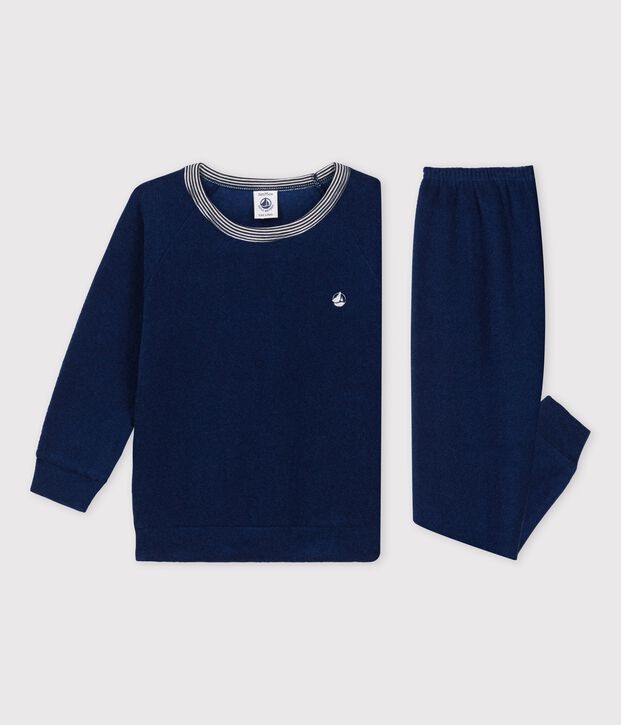Pyjama en bouclette &eacute;ponge gratt&eacute;e bleu fonc&eacute;