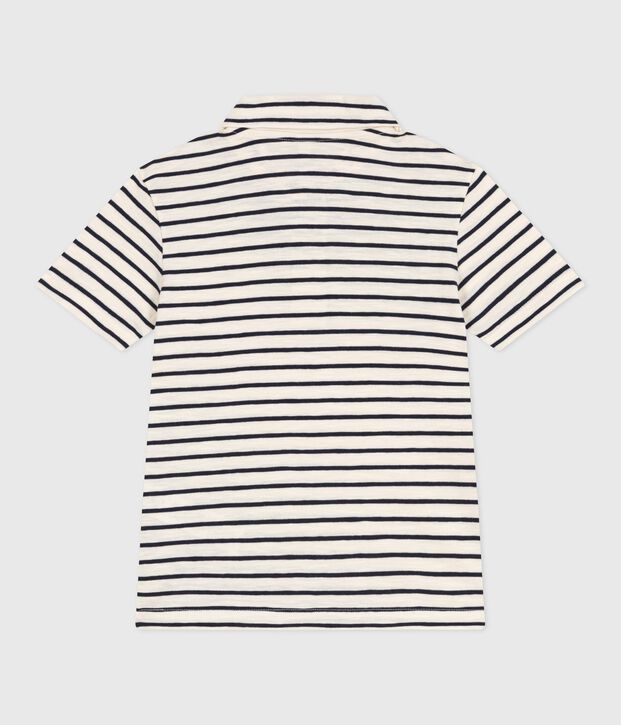 Katoenen kinderpolo met korte mouw en streepjes ecru/blauw