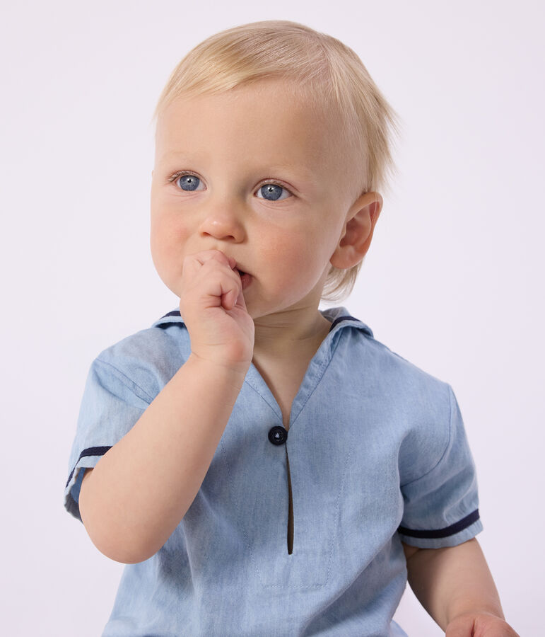 Ensemble b&eacute;b&eacute; 2 pi&egrave;ces en chambray, tee-shirt col vareuse bleu BLEU CLAIR