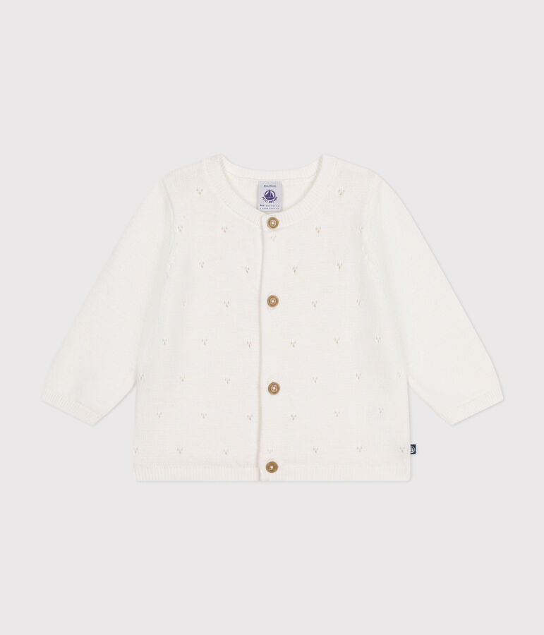 Gebreide babycardigan van ajourkatoen wit MARSHMALLOW