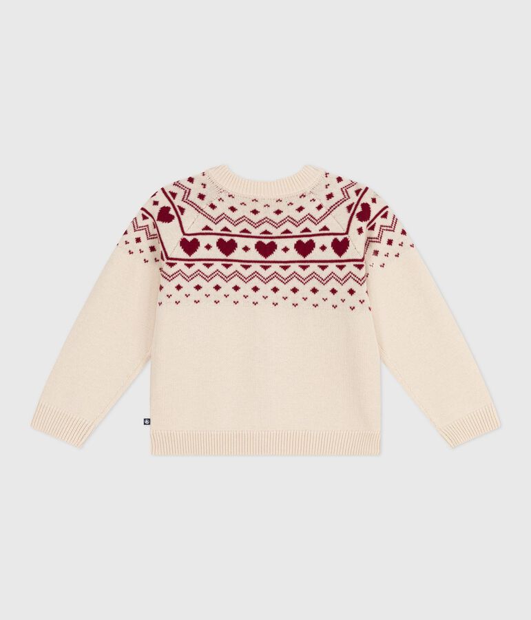 Cardigan enfant en laine et coton &agrave; motif jacquard &eacute;cru/rouge