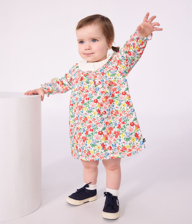Katoenen babyjurkje met lange mouwen en bloemenprint wit/multicouleur