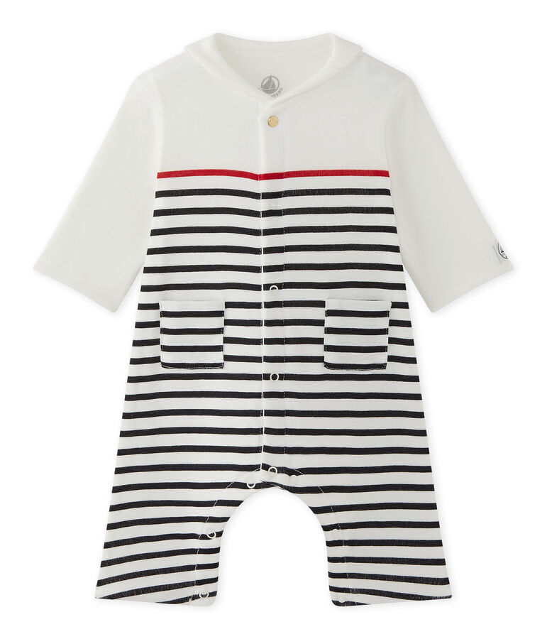 Gestreepte overall met matrozenkraagje voor babyjongens wit LAIT/blauw SMOKING/ TERKUIT