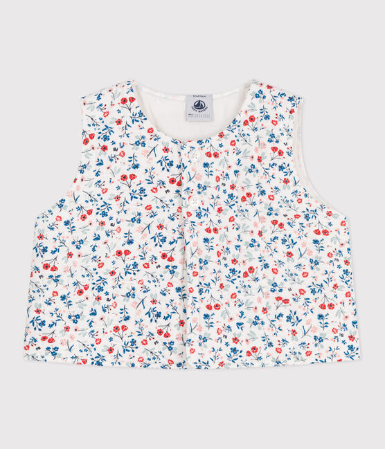 Mouwloos babyjasje in poplin met bloemenprint wit MARSHMALLOW/wit MULTICO