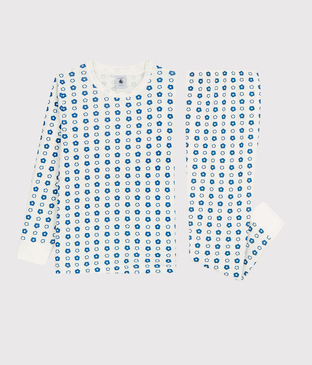 Jongens/meisjes pyjama met grafische bloemenprint van biologisch katoen wit/blauw