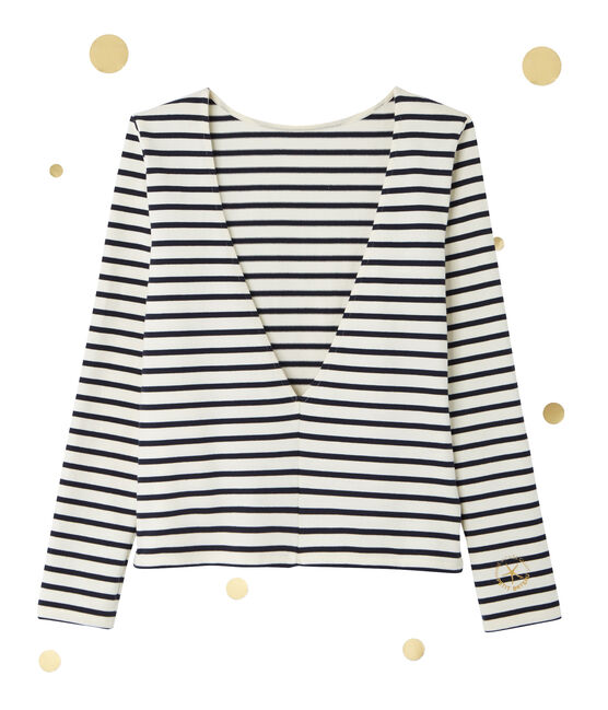 Marinière femme décolletée dans le dos. Petit bateau x Marie-Agnès Gillot beige COQUILLE/blauw SMOKING