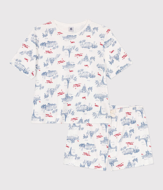 Korte katoenen damespyjama met Parijs-print wit MARSHMALLOW/wit MULTICO