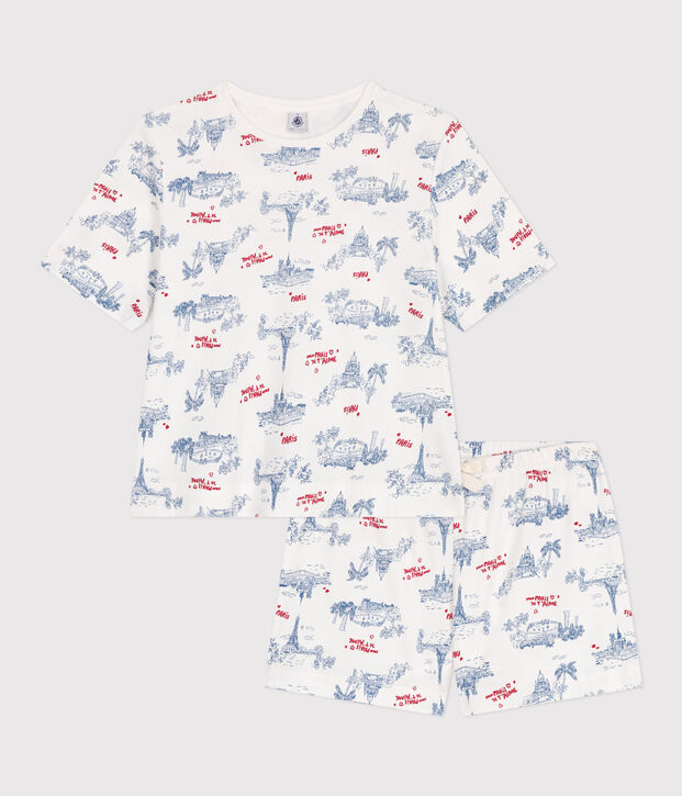 Pyjama short femme en coton imprim&eacute; Paris blanc/multicouleur