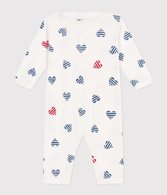 Gestreepte katoenen babypyjama met hartjes en strepen zonder voetjes met kraag  wit MARSHMALLOW/wit MULTICO