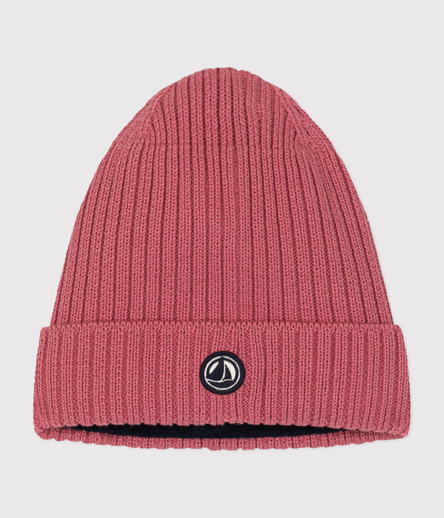 Gebreide kindermuts met fleecevoering roze