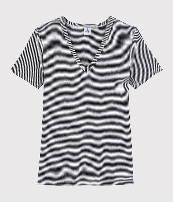 Iconisch gestreept Dames t-shirt van katoen met V-hals blauw SMOKING/wit MARSHMALLOW