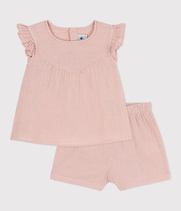 Ensemble b&eacute;b&eacute; en gaze de coton unie rose