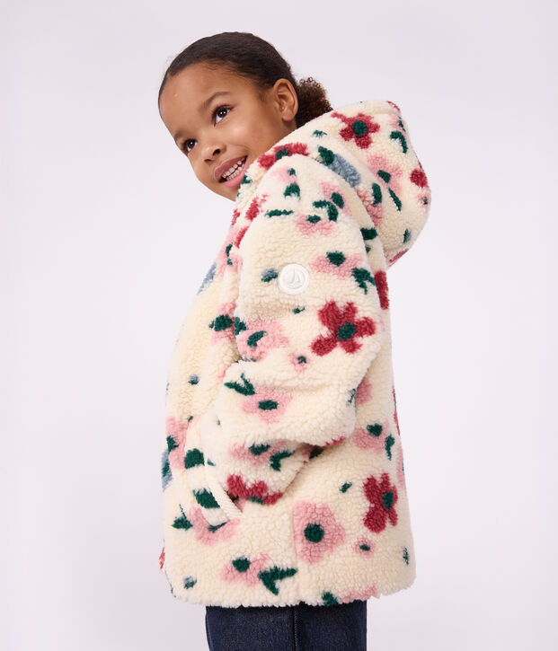 Veste &agrave; capuche enfant en sherpa &agrave; fleurs &eacute;cru/multicouleur