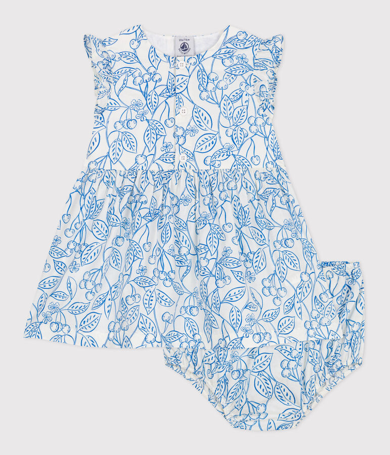 Katoenen babyjurk met bloomer en blauwe kersenprint wit/blauw