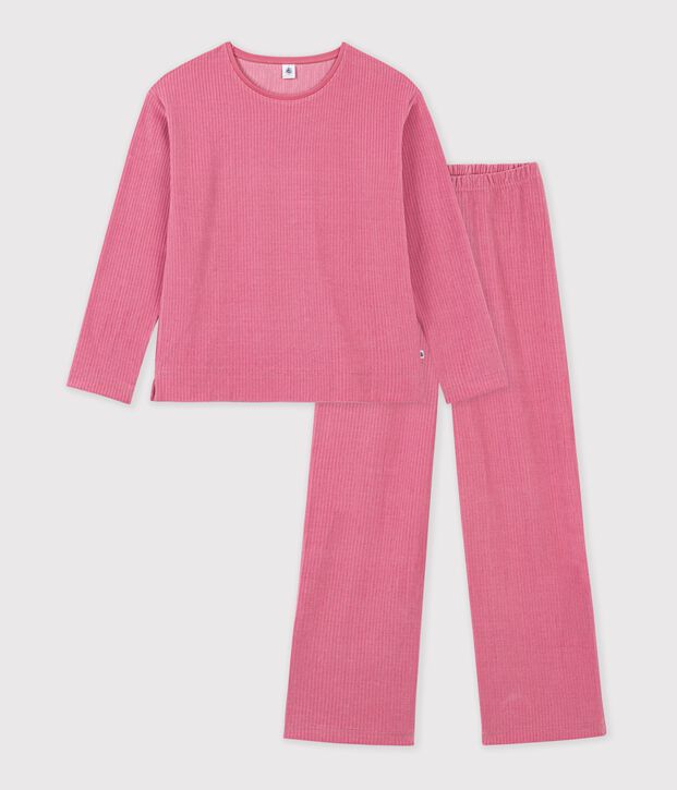 Pyjama femme en velours c&ocirc;tel&eacute; uni rose