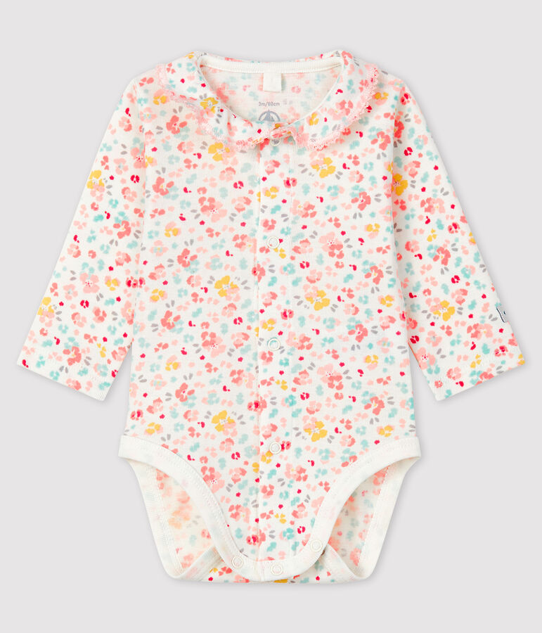 Body fleuri &agrave; col b&eacute;b&eacute; fille en c&ocirc;te blanc/multicouleur