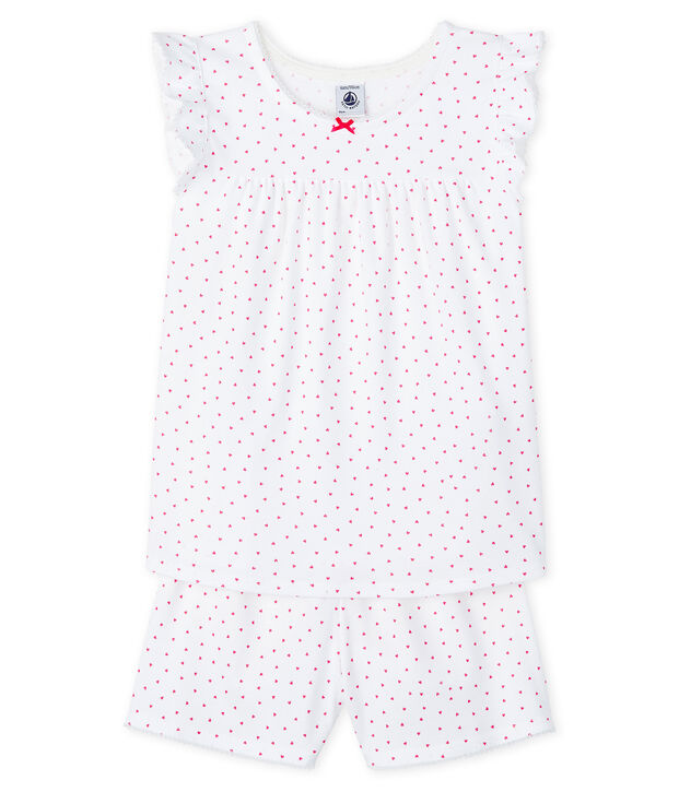 Korte meisjespyjama van ribtricot met roze hart wit/roze