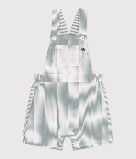 Gestreepte salopette met korte pijpen van katoen voor baby's wit MARSHMALLOW/blauw BRUT