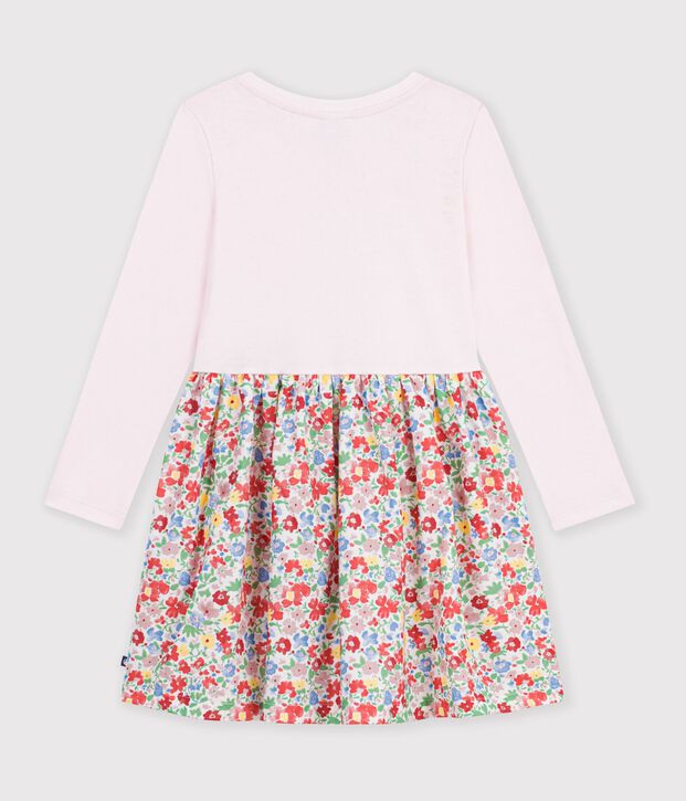 Robe enfant en coton manches longues &agrave; fleurs blanc/multicouleur