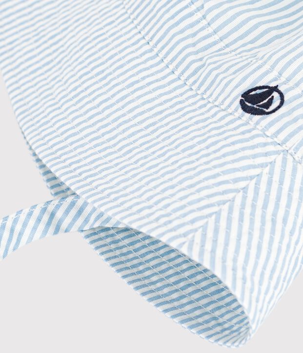 Babyvissershoedje van seersucker met strikkoordjes blauw/wit