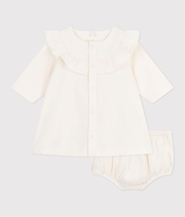 Robe c&eacute;r&eacute;monie b&eacute;b&eacute; en velours brod&eacute; et son bloomer blanc cass&eacute;