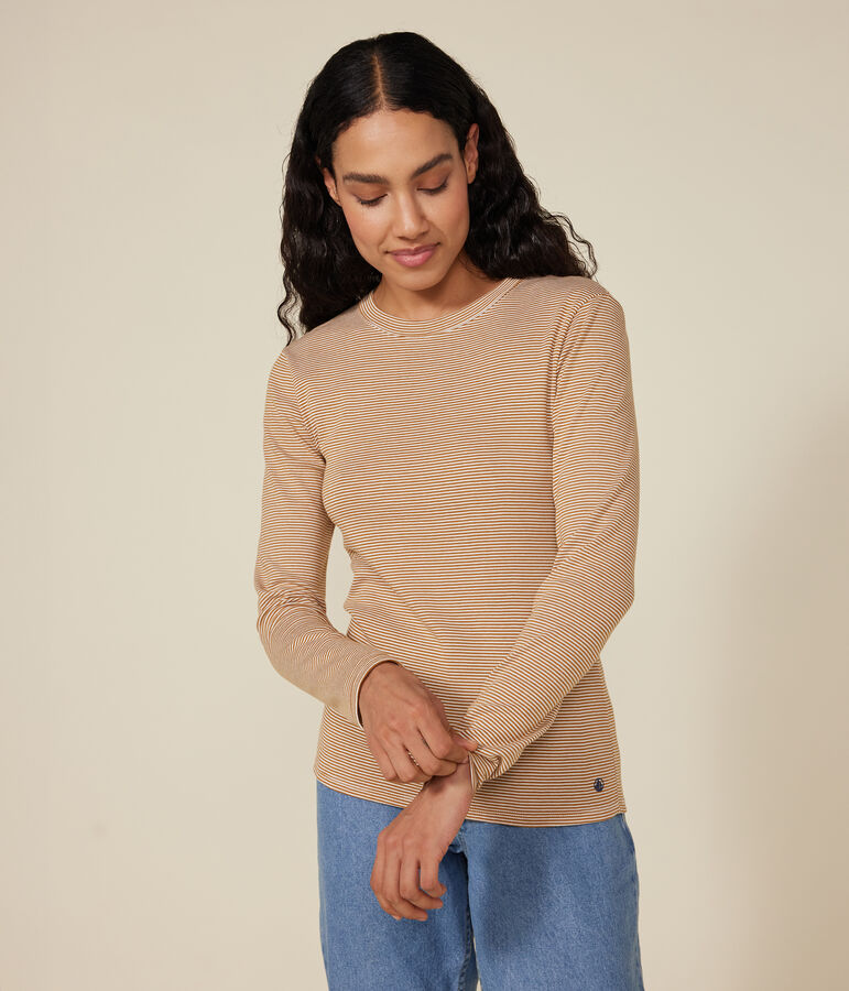 L'Iconique, gestreept T-shirt met lange mouw van ribstof voor dames bruin/wit