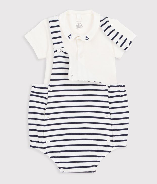 Ensemble 2 pi&egrave;ces b&eacute;b&eacute; en coton ray&eacute; et d&eacute;tails brod&eacute;s blanc/bleu