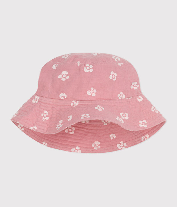 CAPELINE EN GAZE DE COTON A FLEURS ROSE ENFANT FILLE rose/blanc