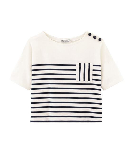 Marinière met korte mouwen voor vrouwen wit MARSHMALLOW/blauw SMOKING