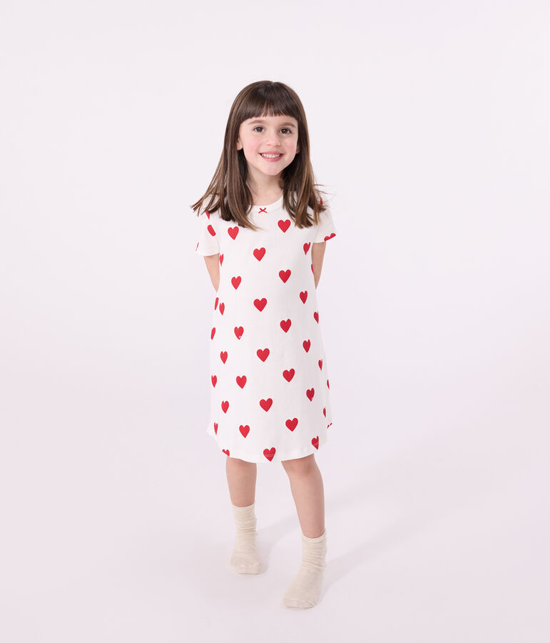 Chemise de nuit coeur petite fille en coton blanc/rouge