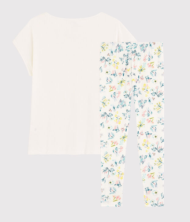 Pyjama fleurs printani&egrave;res fille- femme en coton blanc/multicouleur
